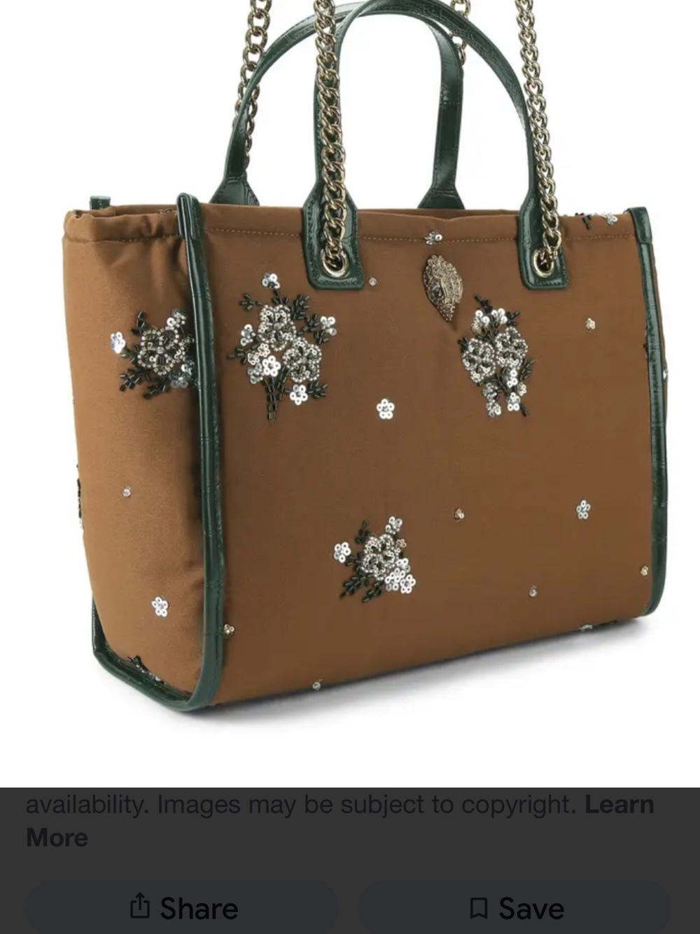 Kurt Geiger Hoxton Shopper Tote Brownwith Dark Green Trim and Gold Chain Handles